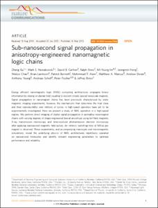 Sub-nanosecond signal propagation in anisotropy-engineered nanomagnetic logic chains