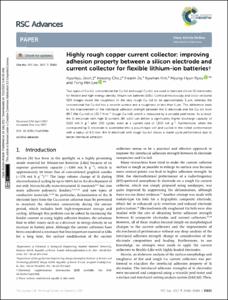 Highly rough copper current collector: improving adhesion property between a silicon electrode and current collector for flexible lithium-ion batteries