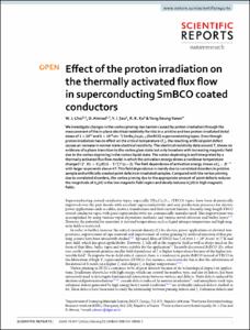 Effect of the proton irradiation on the thermally activated flux flow in superconducting SmBCO coated conductors