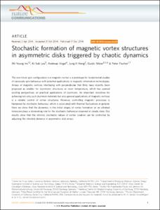 Stochastic formation of magnetic vortex structures in asymmetric disks triggered by chaotic dynamics