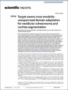 Target-aware cross-modality unsupervised domain adaptation for vestibular schwannoma and cochlea segmentation