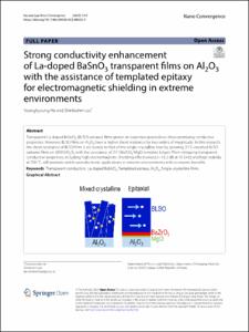 Strong conductivity enhancement of La-doped BaSnO3 transparent films on Al2O3 with the assistance of templated epitaxy for electromagnetic shielding in extreme environments