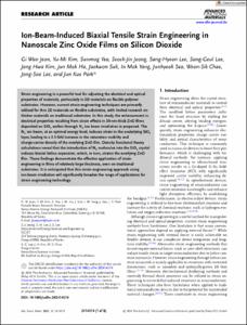 Ion-Beam-Induced Biaxial Tensile Strain Engineering in Nanoscale Zinc Oxide Films on Silicon Dioxide