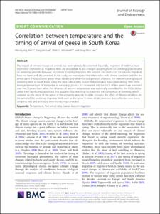 Correlation between temperature and the timing of arrival of geese in South Korea