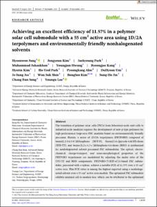 Achieving an excellent efficiency of 11.57% in a polymer solar cell submodule with a 55 cm2 active area using 1D/2A terpolymers and environmentally friendly nonhalogenated solvents