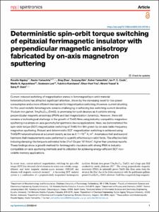 Deterministic spin-orbit torque switching of epitaxial ferrimagnetic insulator with perpendicular magnetic anisotropy fabricated by on-axis magnetron sputtering