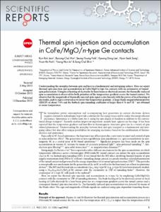 Thermal spin injection and accumulation in CoFe/MgO/n-type Ge contacts