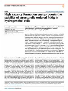 High vacancy formation energy boosts the stability of structurally ordered PtMg in hydrogen fuel cells