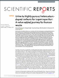 Urine to highly porous heteroatom-doped carbons for supercapacitor: A value added journey for human waste