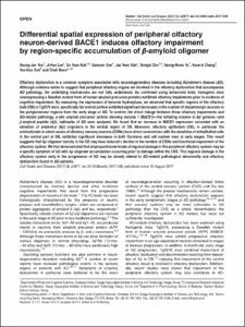 Differential spatial expression of peripheral olfactory neuron-derived BACE1 induces olfactory impairment by region-specific accumulation of beta-amyloid oligomer