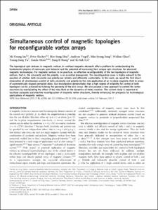 Simultaneous control of magnetic topologies for reconfigurable vortex arrays
