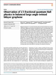 Observation of 1/3 fractional quantum Hall physics in balanced large angle twisted bilayer graphene